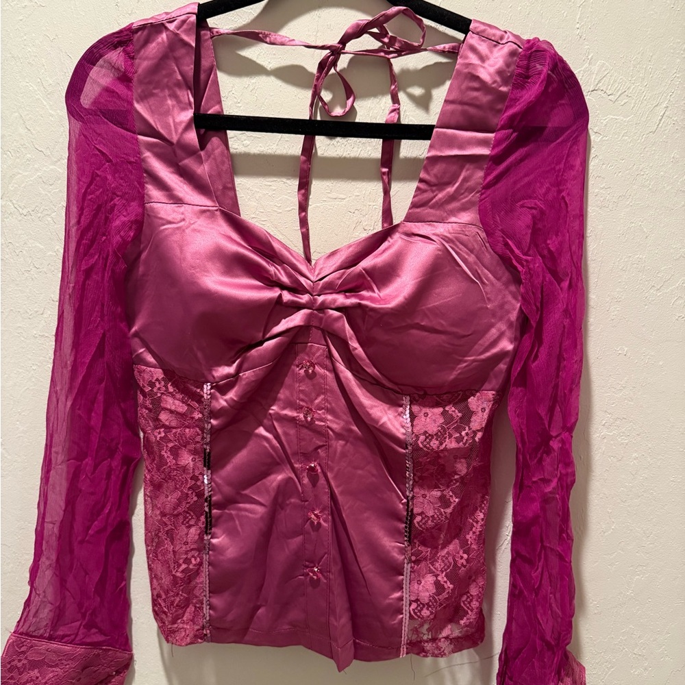 Lucy Paris Purple Satin and Lace Blouse with Sheer Sleeves- Size medium